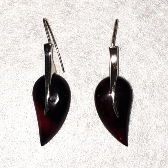 2’’ Elegant Vintage 1980s Cherry Baltic Amber & Sterling Silver Leaf Earrings - Picture 8 of 12